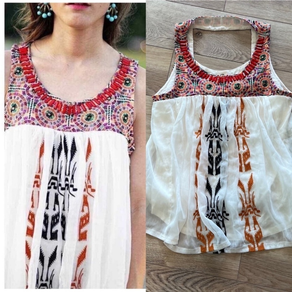 Anthropologie Small Akemi + Kin Siargao Boho Embroidered Beaded Flowy Tank